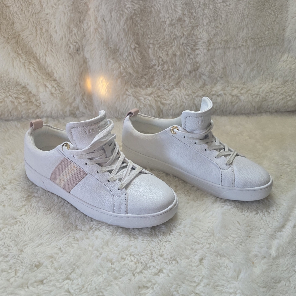 Ted Baker Bailly White Leather Pink Webbing Stripe Sneakers Womens 7 Like New - Picture 4 of 7